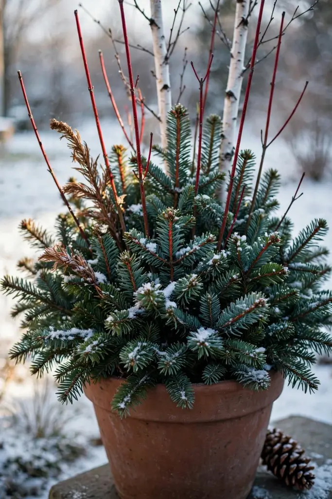 Winter pot of evergreen boughs, red-twig dogwood, and birch branches