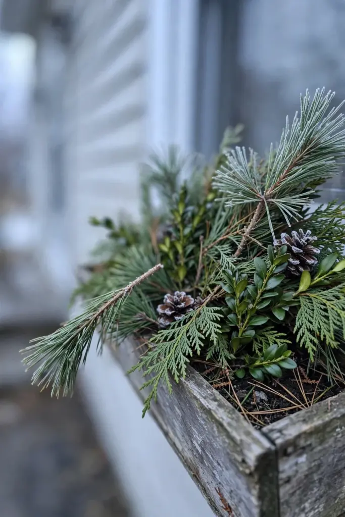Winter window box of cedar, pine, and boxwood cuttings with pinecones