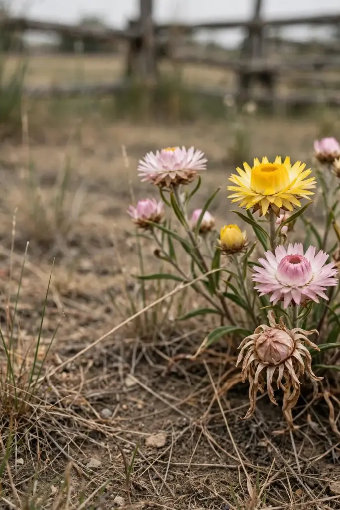 Everlasting Daisy heads with stiff papery petals in yellow and pink