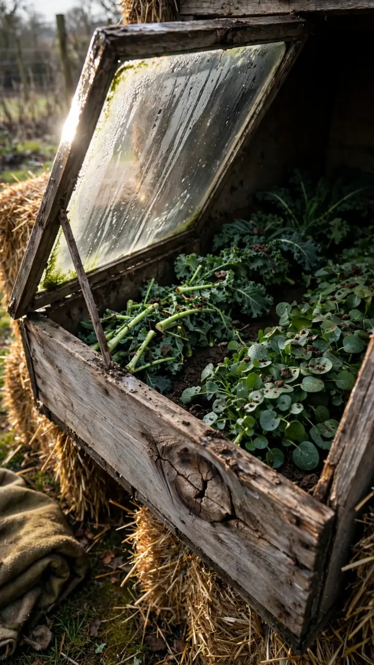 Cold frame with propped lid over winter greens, straw bales banked outside