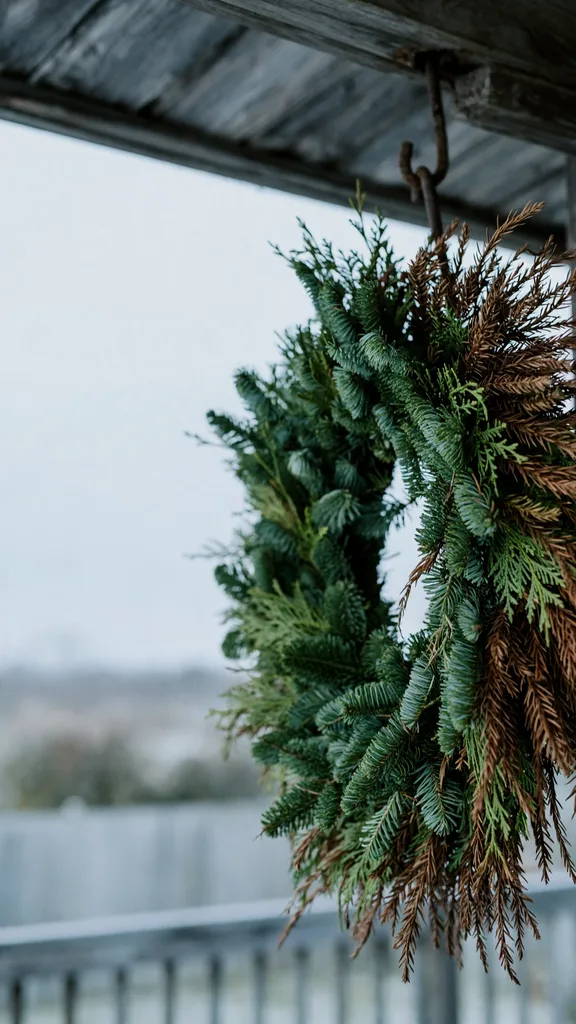 An evergreen wreath with a few dry brown tips hanging on a sheltered porch hook
