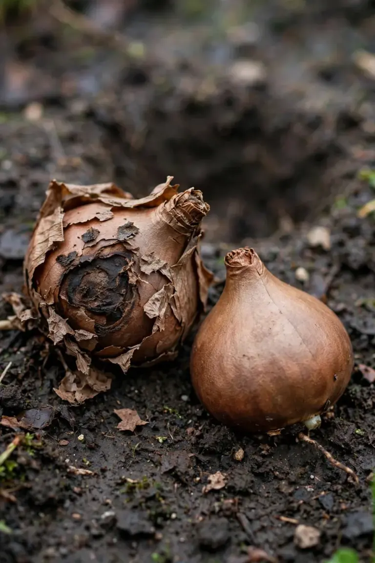 Soft rotted tulip bulb pulled from soil beside a firm healthy one