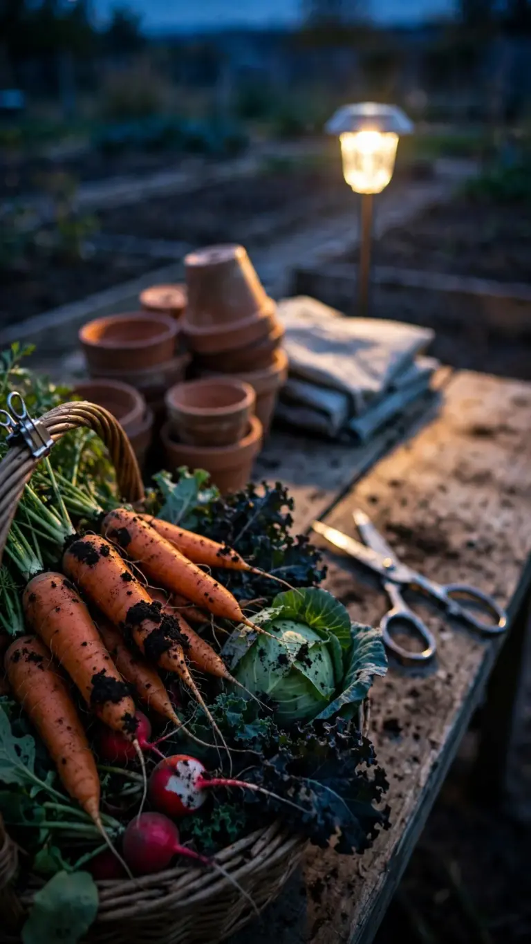 Harvest basket of fall vegetables on a potting bench at dusk