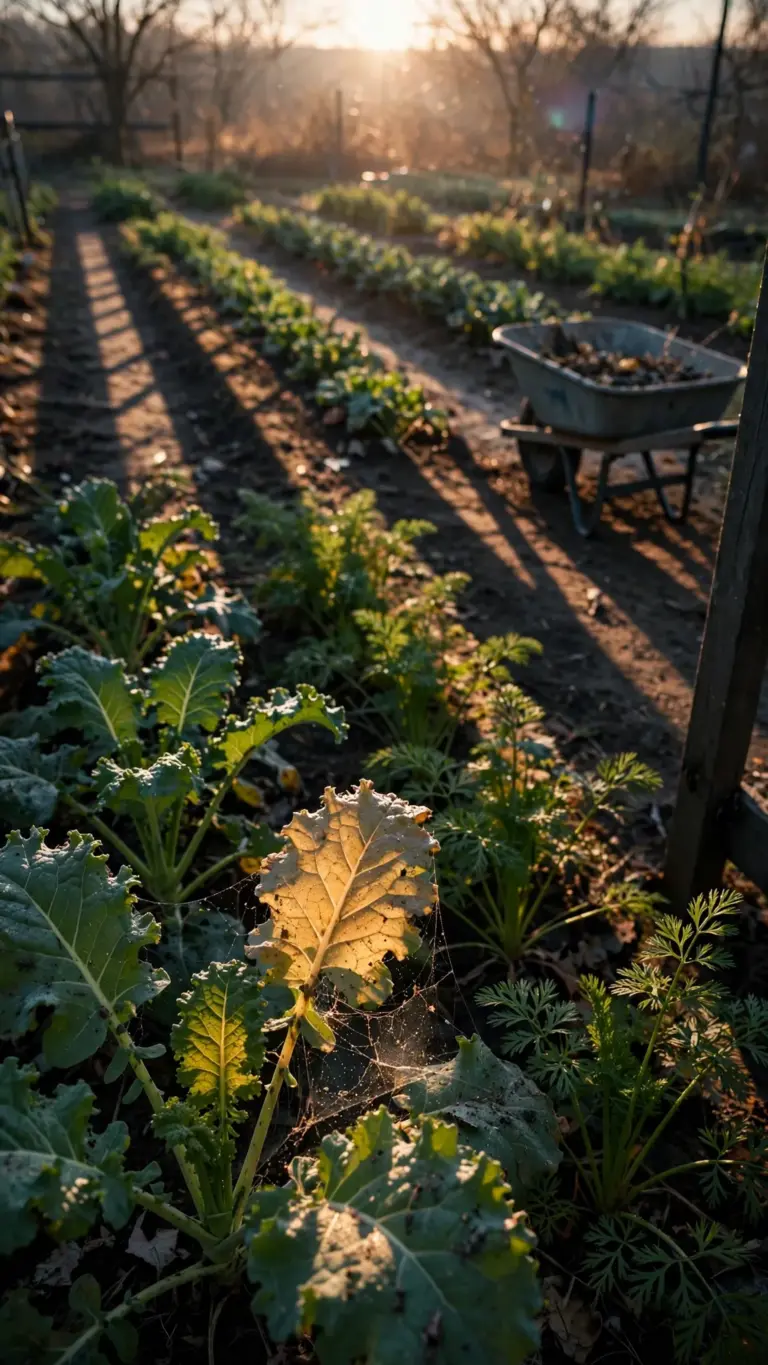 Low autumn sun casting long shadows across vegetable rows