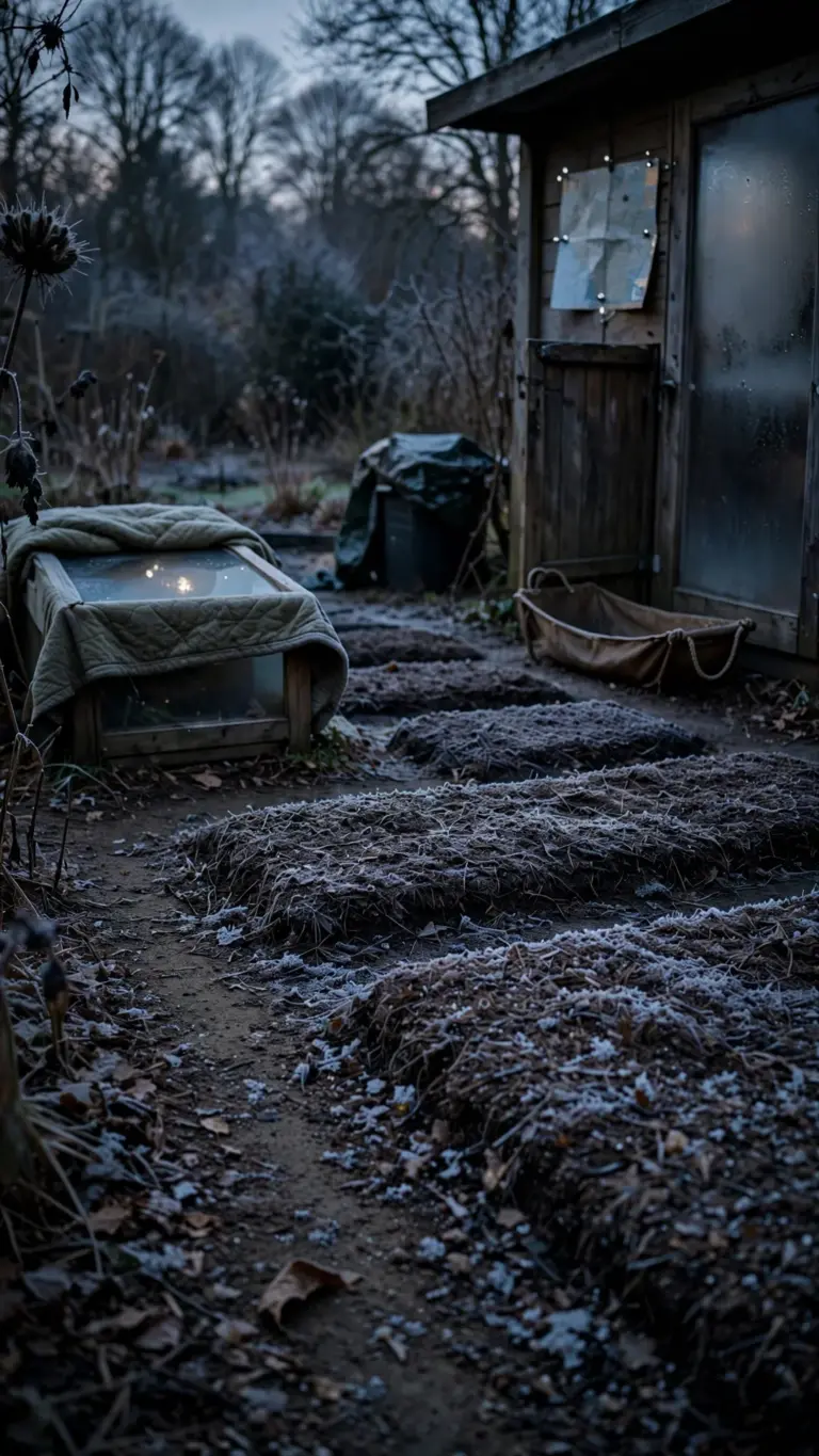 Garden under winter mulch at dusk: cold frame, seed heads, trug by the shed