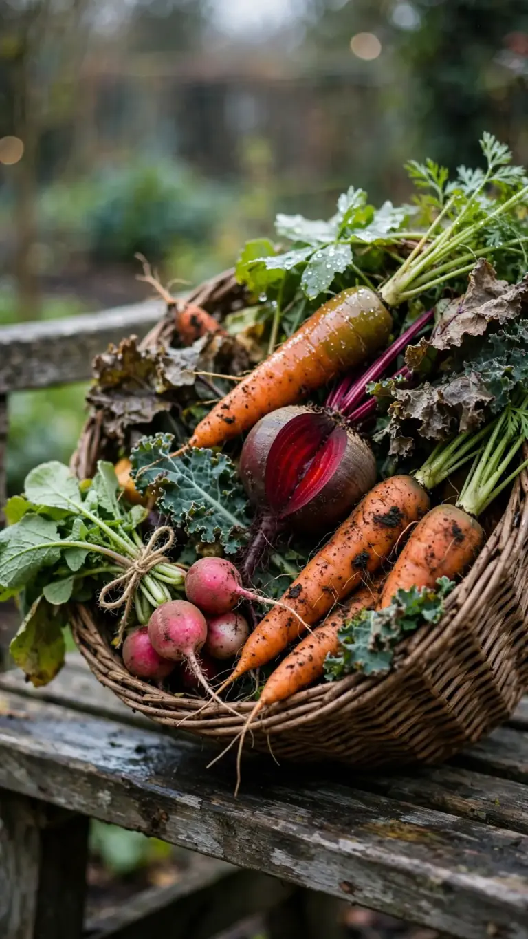 Woven basket of harvested fall vegetables on a garden bench