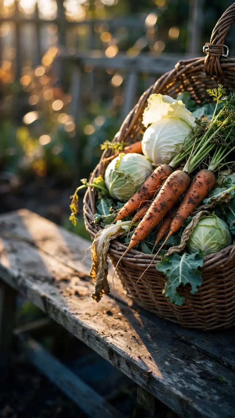 Wicker basket of harvested fall vegetables on a garden bench