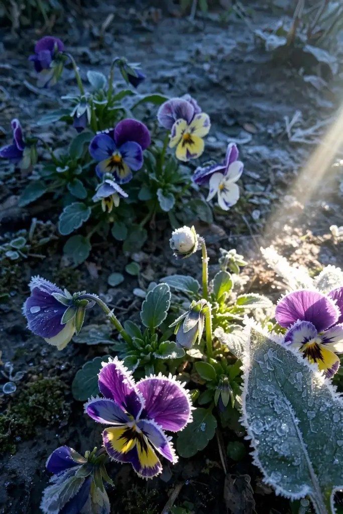 Pansy bed blooming through a light morning frost in fall