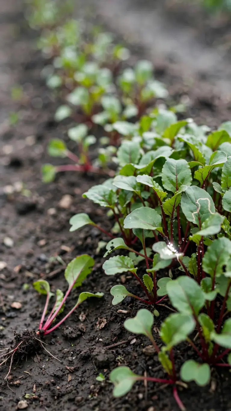 Beet seedlings with red stems being thinned in a garden row