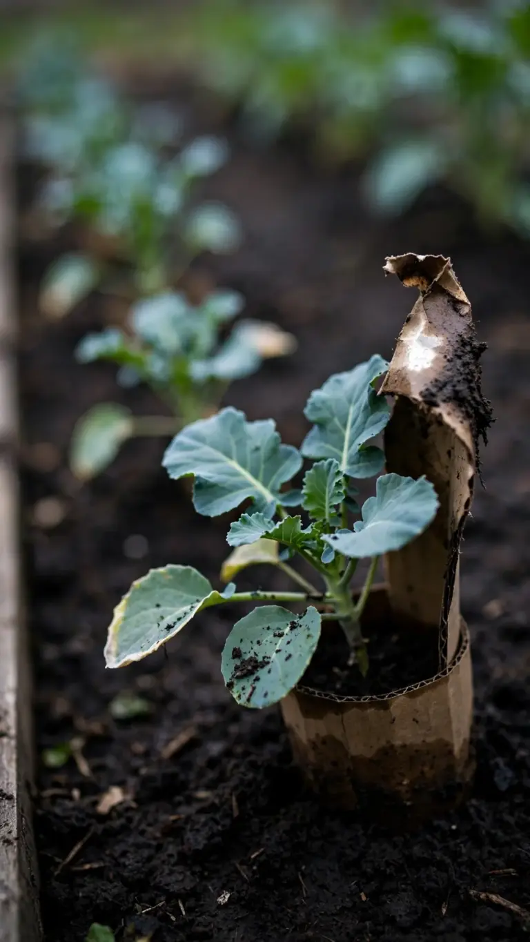 Broccoli transplant with a cardboard cutworm collar at its stem