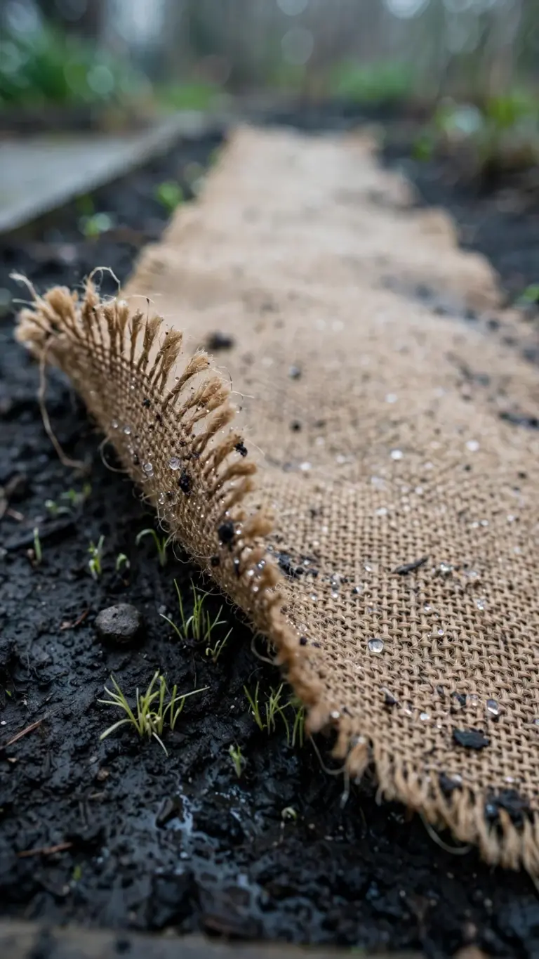 Carrot seedbed covered with burlap to hold moisture for germination