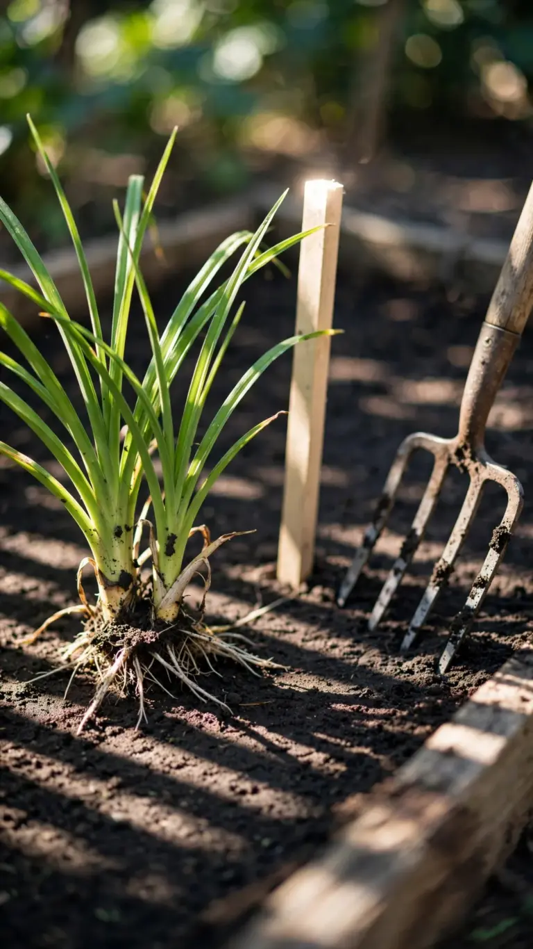 Newly divided daylily fans replanted with a wooden label stake