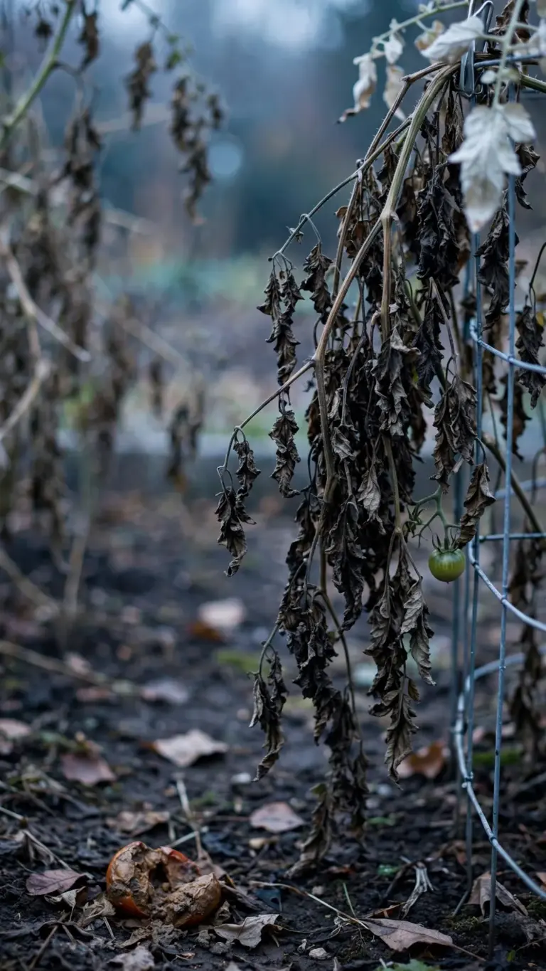 Frost-blackened tomato plants pulled from a fall garden bed