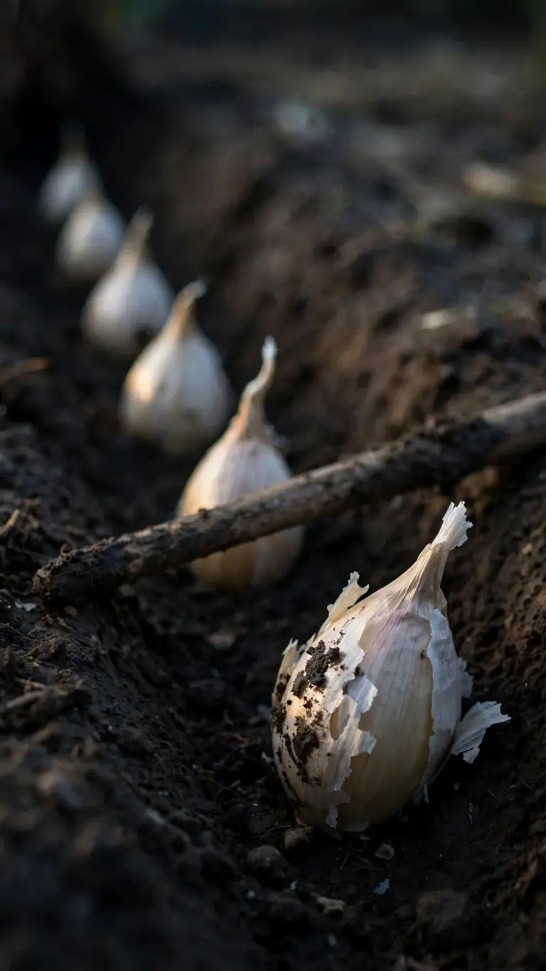 Garlic cloves set pointy-end up in a furrow before covering with soil