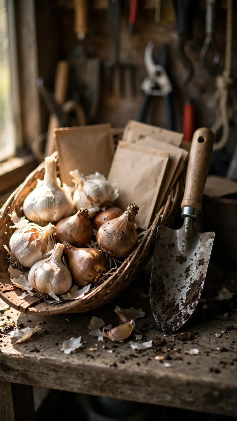 Garden trug holding garlic bulbs, tulip bulbs, and seed packets
