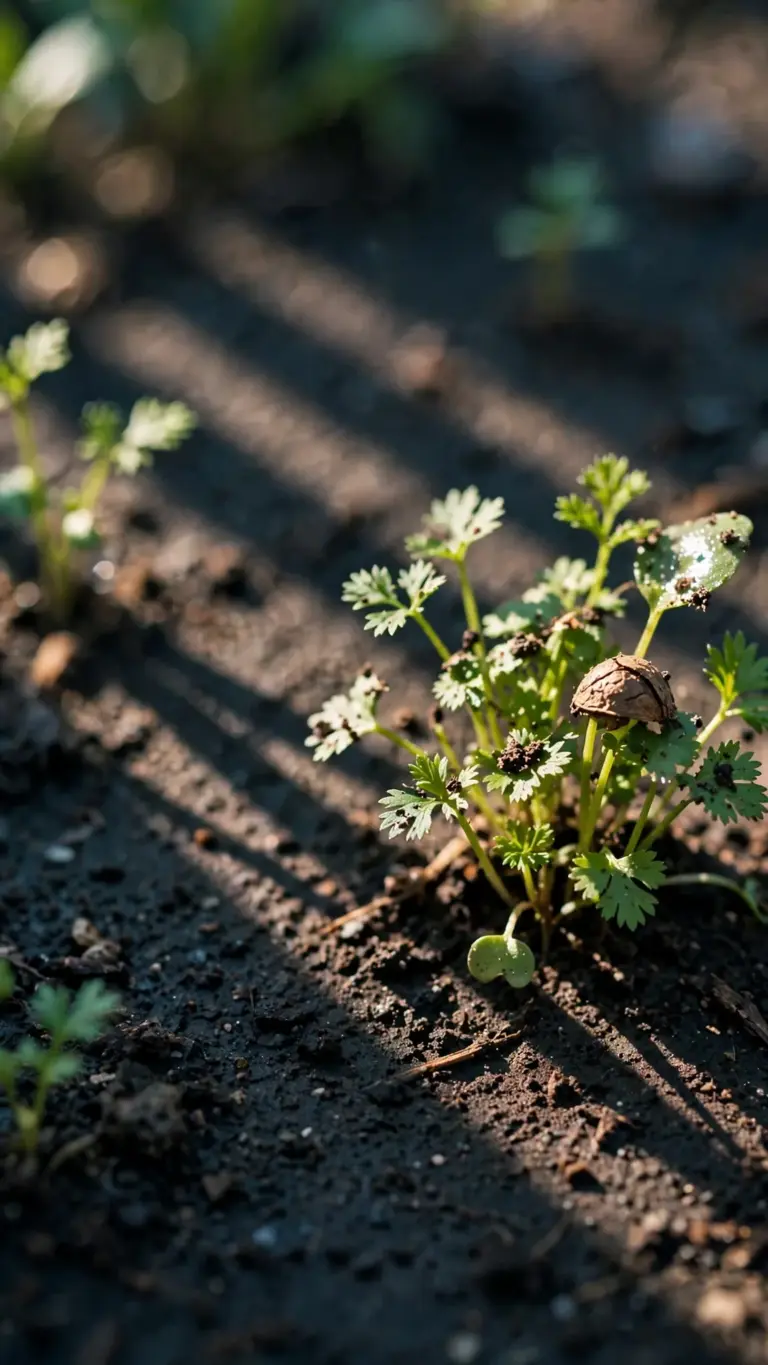 Parsley and cilantro seedlings emerging in a cool herb bed