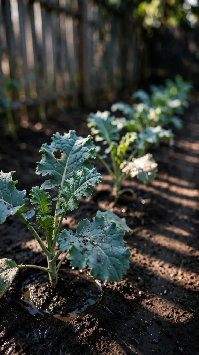Stocky kale transplants set in a garden row with damp soil