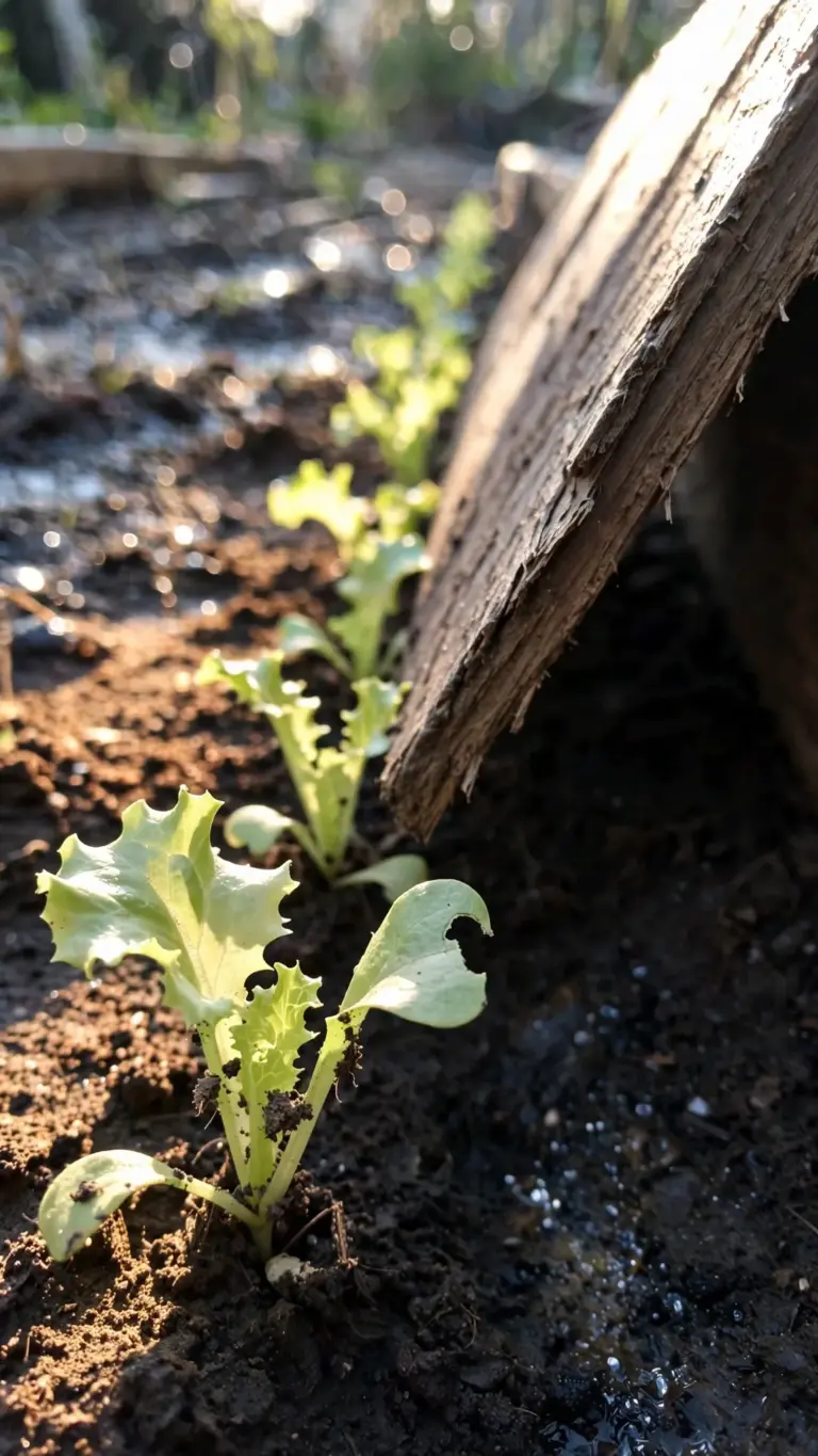 Young leaf lettuce seedlings in a garden row with a leaning shade board