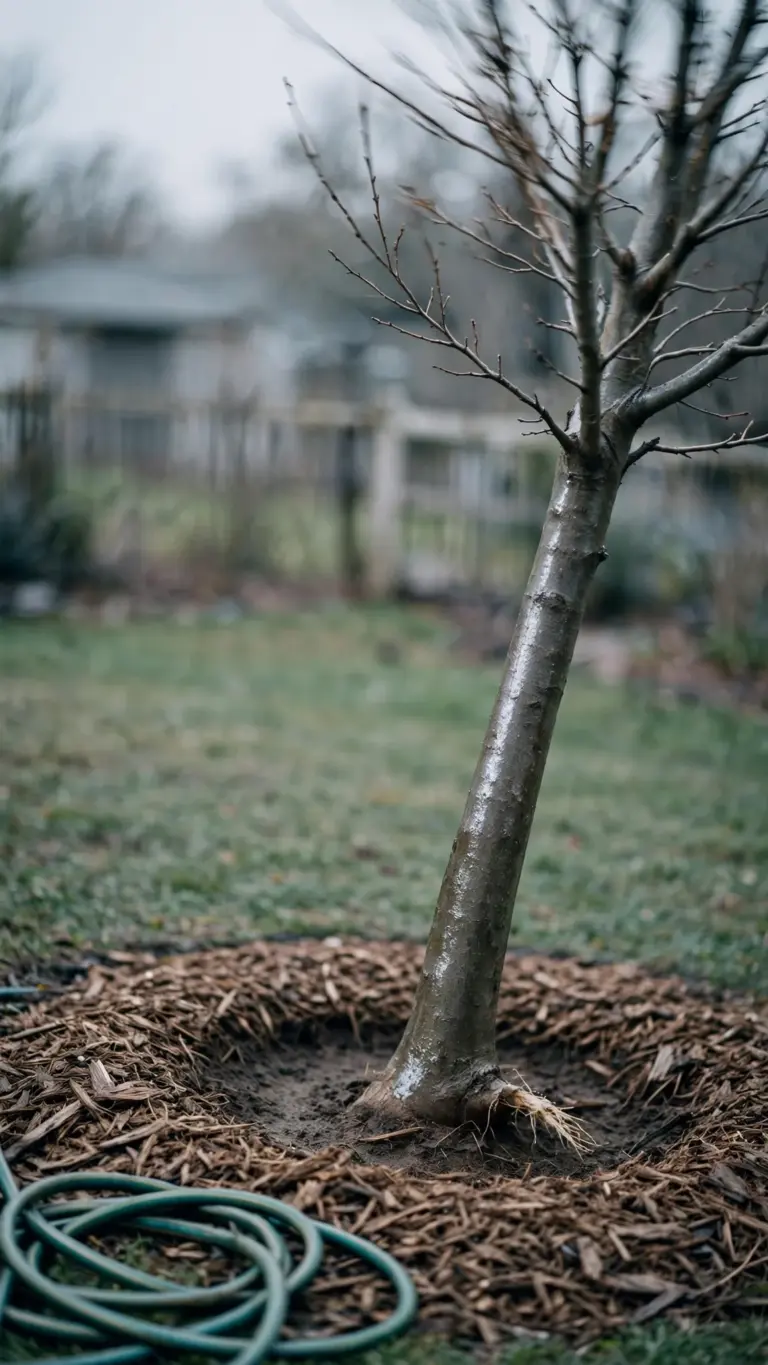 Newly planted young tree with a mulch ring and trunk flare at grade
