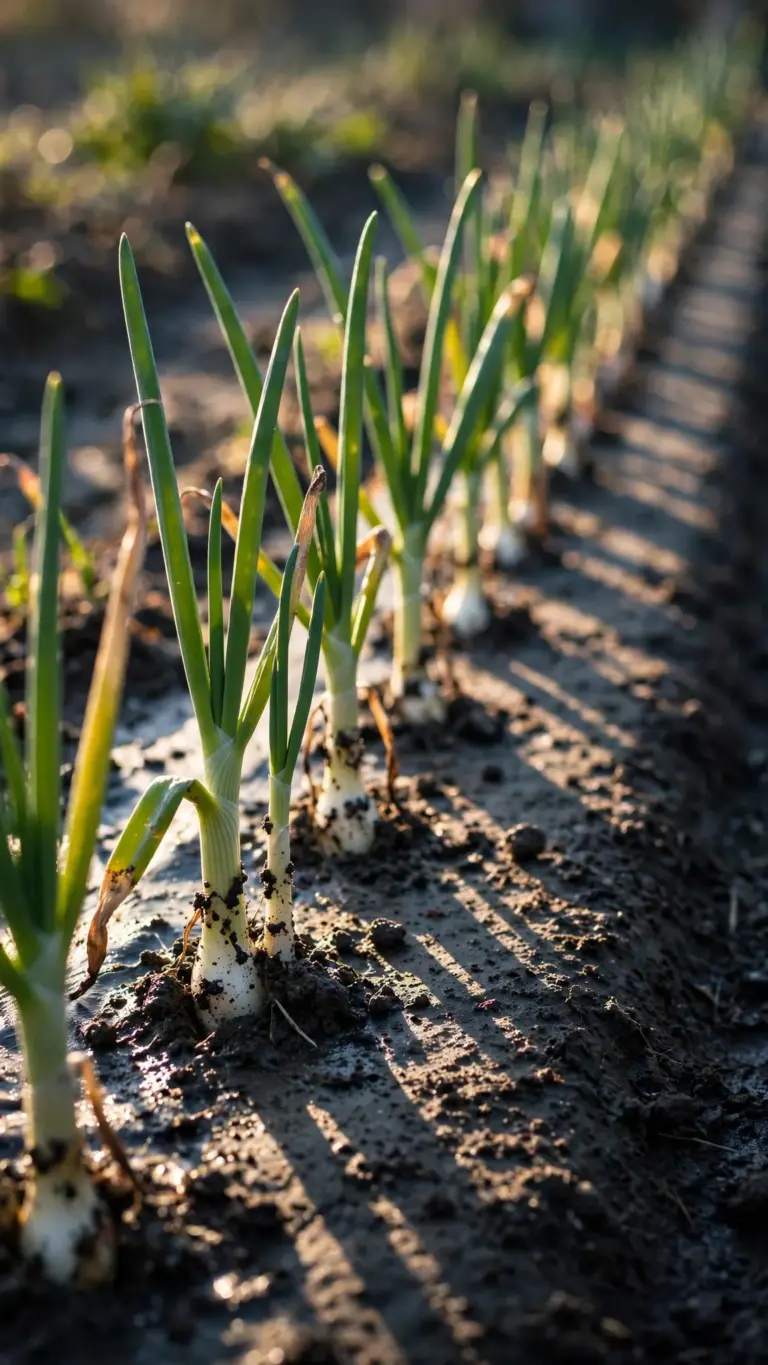 Pencil-thick onion transplants set in a straight garden row