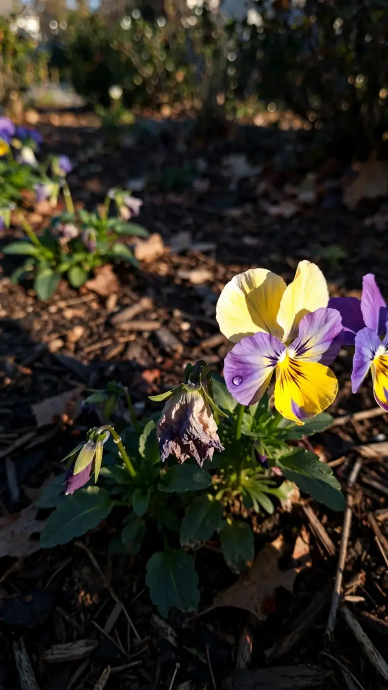 Pansy transplants with purple and yellow blooms in a fall bed