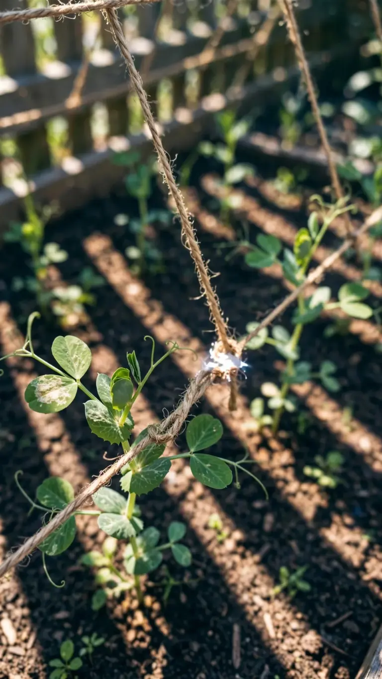 Pea seedlings with curling tendrils on a twine trellis