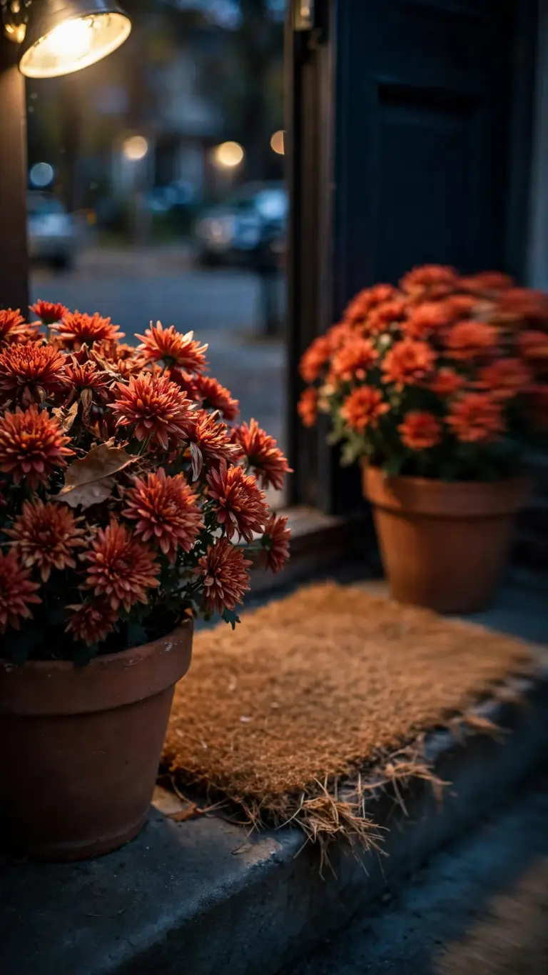 Potted chrysanthemums in full bloom flanking a front door
