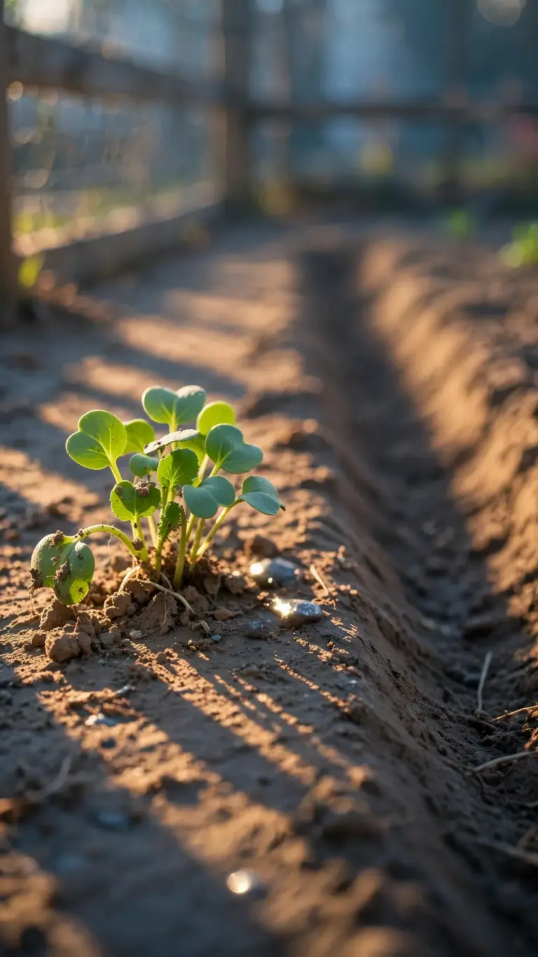 Radish seedlings marking the end of a slower carrot row