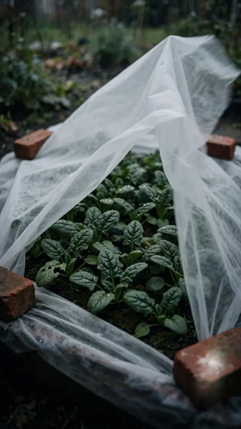 Spinach seedlings under a floating row cover held by bricks