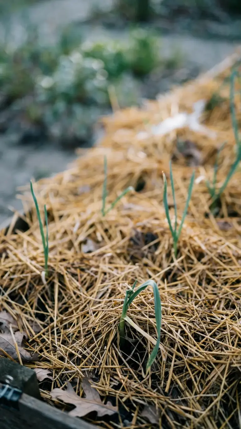 Straw mulch spread thick over a planted garlic bed