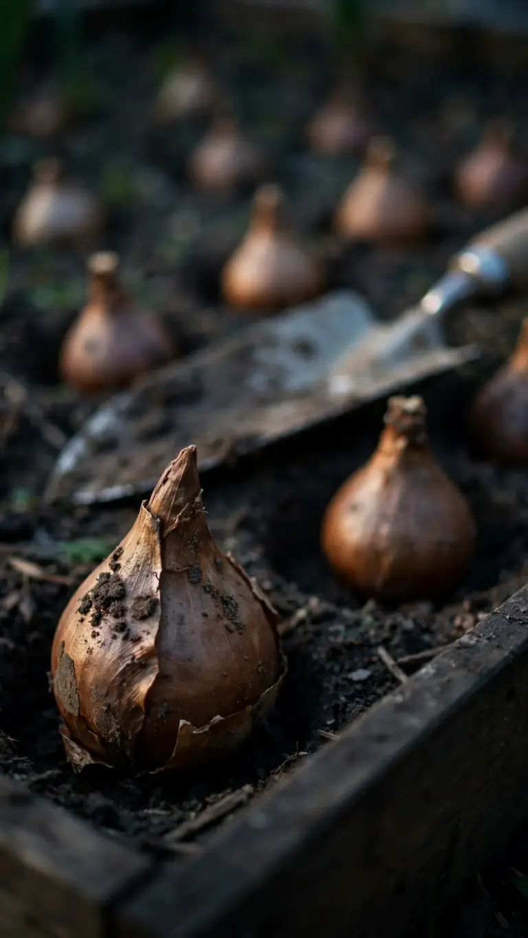 Tulip bulbs set nose-up in planting holes at the correct depth
