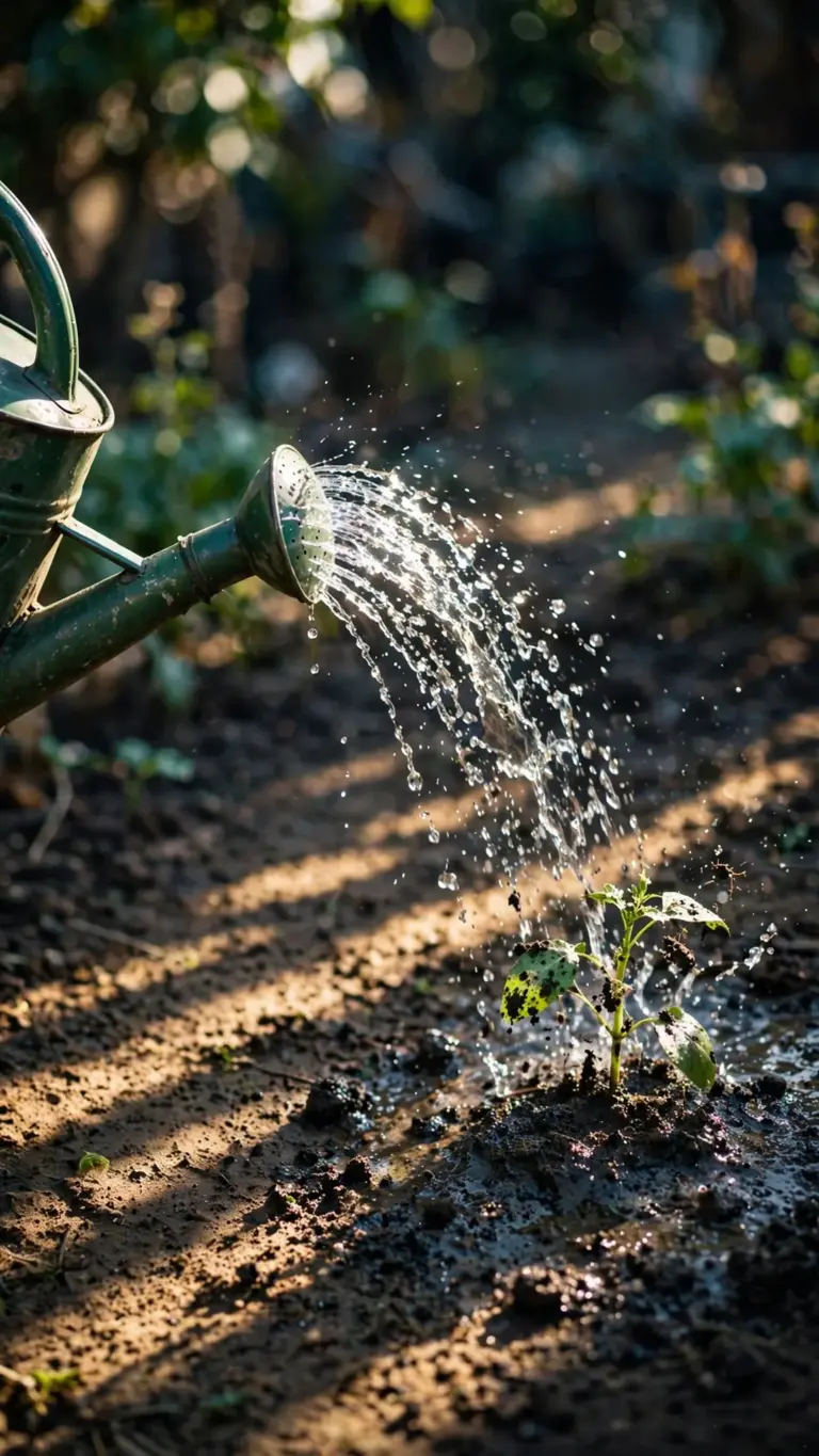 Watering can soaking a newly planted vegetable transplant