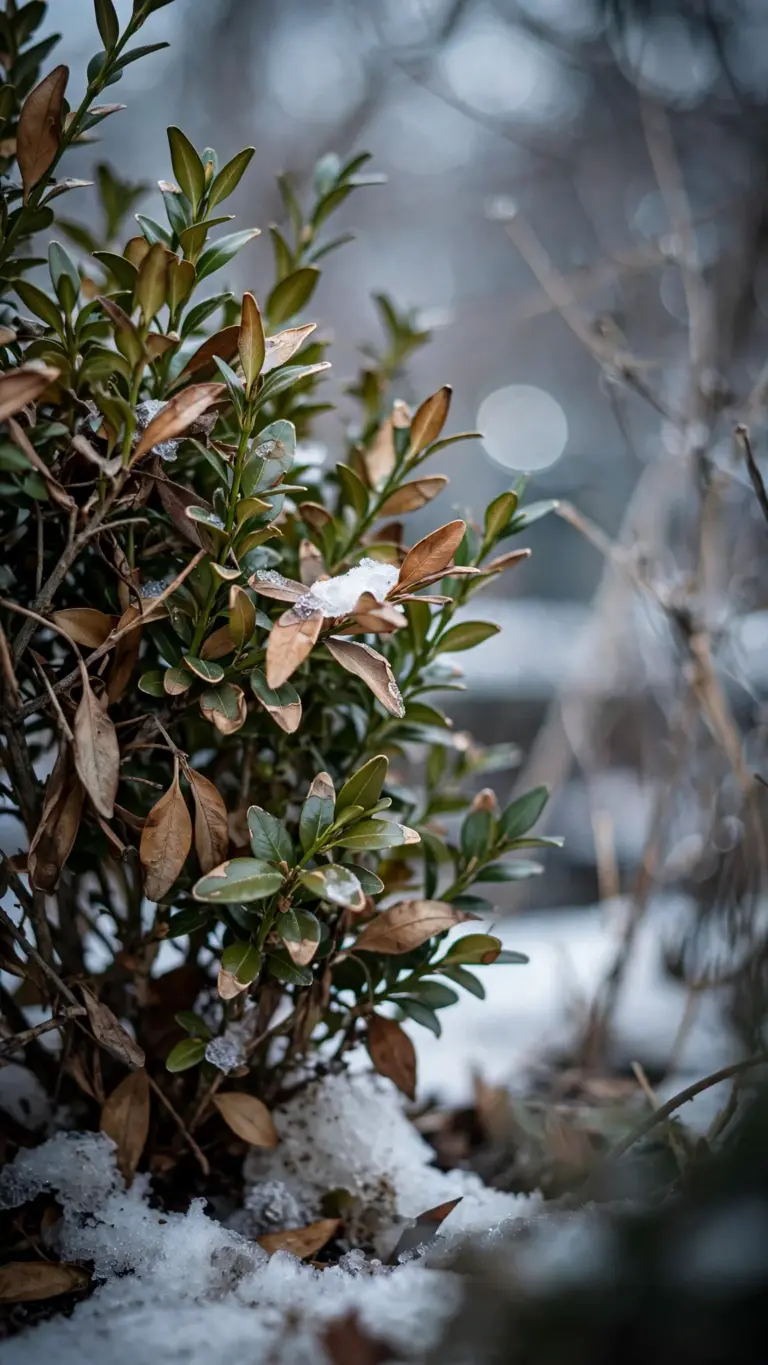 Boxwood shrub with brown winter-burned leaf margins