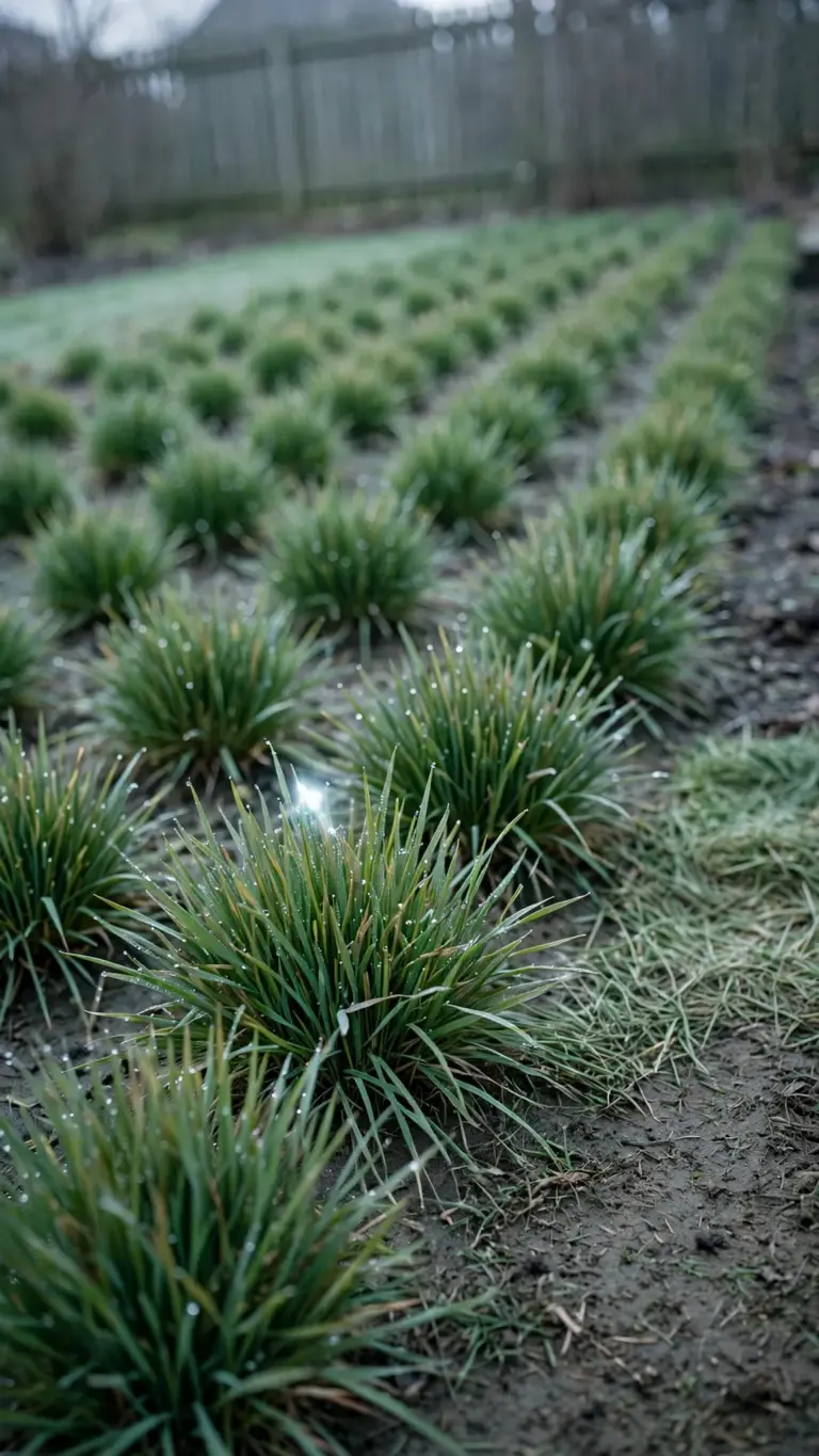 Young winter rye greening an empty garden bed as a cover crop