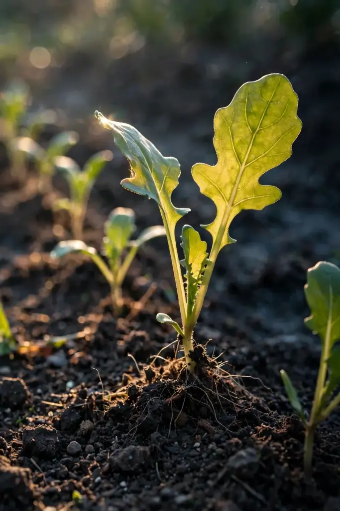 Young arugula seedlings pushing through dark soil in a garden row