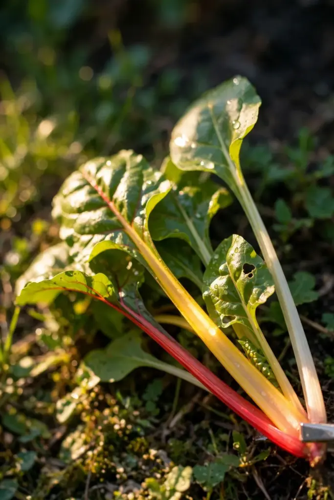 Baby chard leaves with red, gold, and white stems