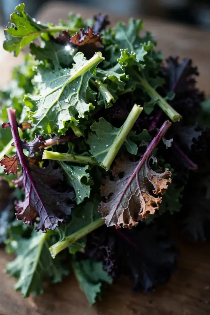 Tender baby kale leaves cut at 10 cm, red and green