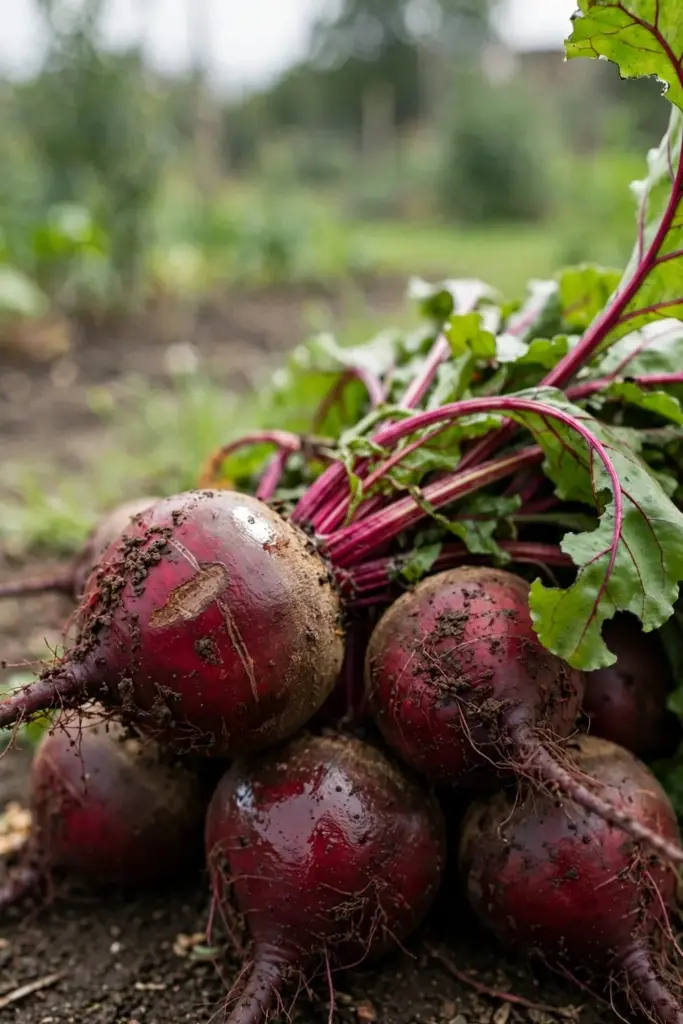 Beets with round roots and leafy tops in a harvest pile