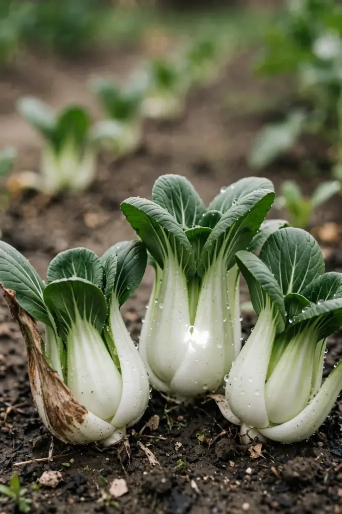 Baby bok choy heads standing in a row, white stems and green leaves