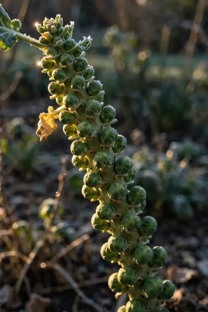 Brussels sprout stalk lined with firm green sprouts