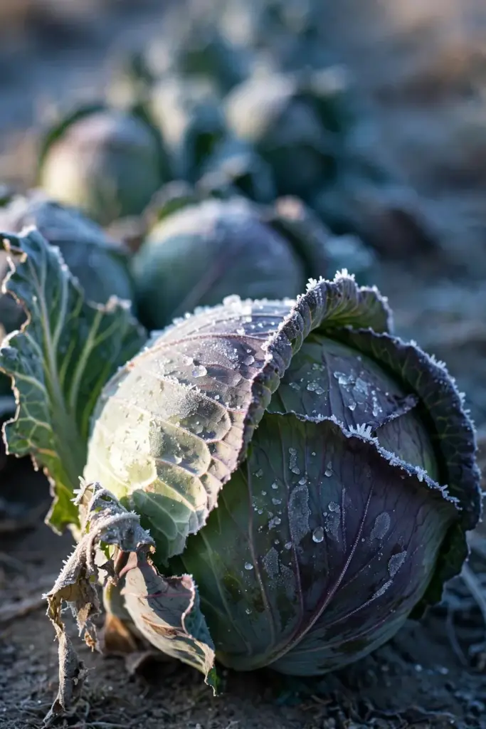Tight cabbage heads with frost on the wrapper leaves