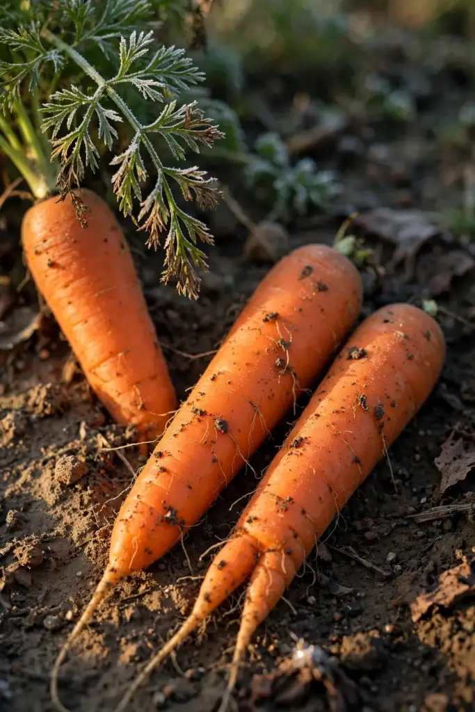 Pulled carrots with feathery tops and soil on the roots