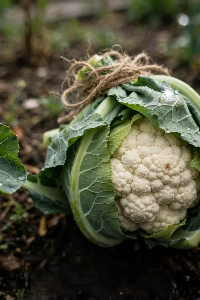 Cauliflower curd blanched white with leaves tied above it