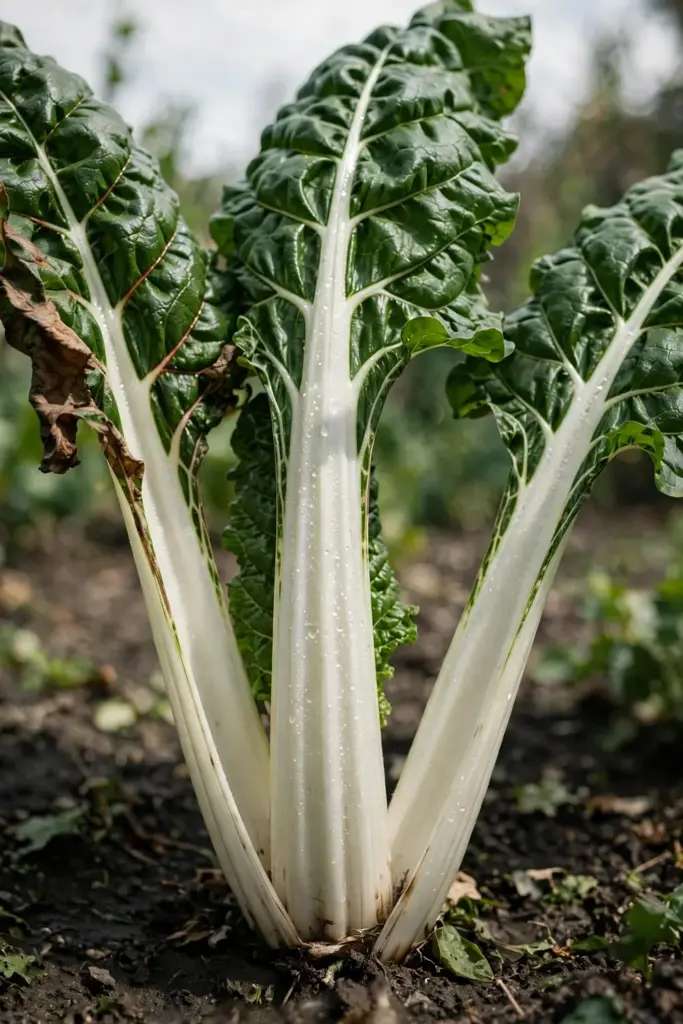 Full-size chard with thick white stalks and broad leaves