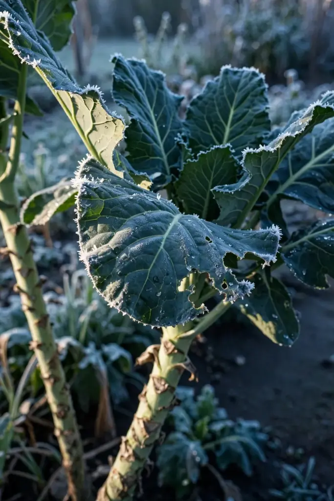 Collard leaves with frost on the edges, lower leaves harvested