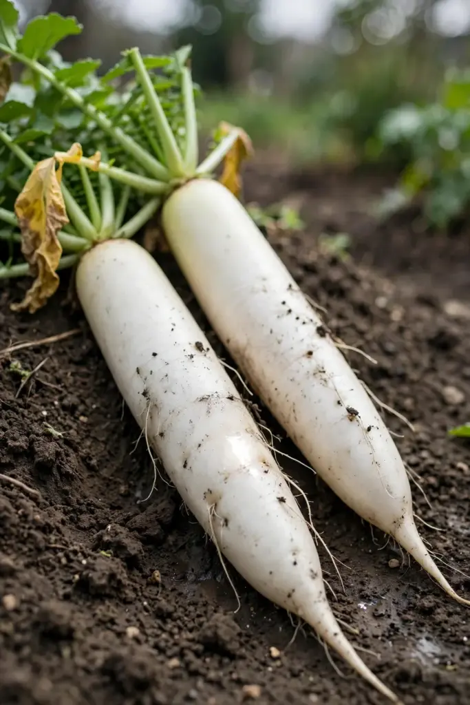 Long white daikon roots pulled from deeply loosened soil