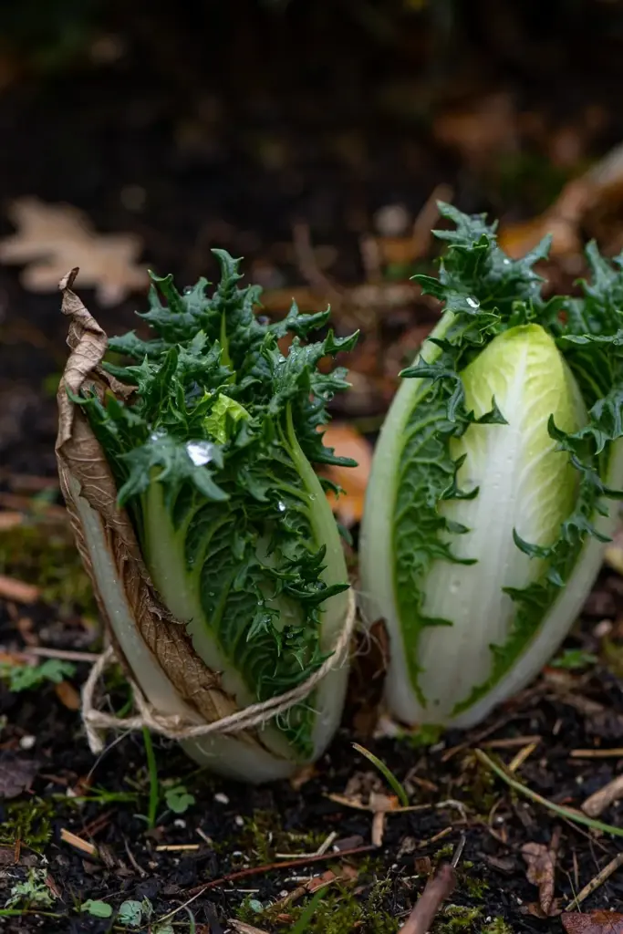 Endive heads with pale blanched hearts in a fall bed