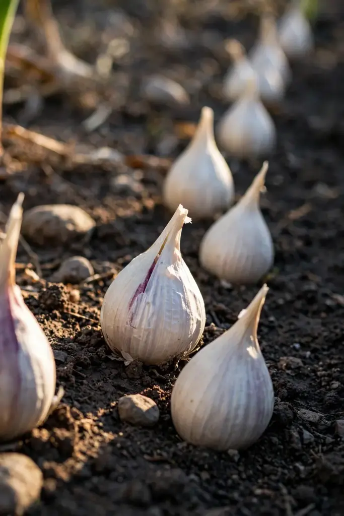 Garlic cloves set pointy-end up in a prepared October bed