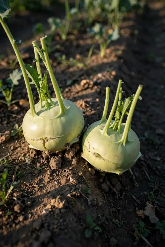 Kohlrabi stem bulbs swelling above the soil in a row