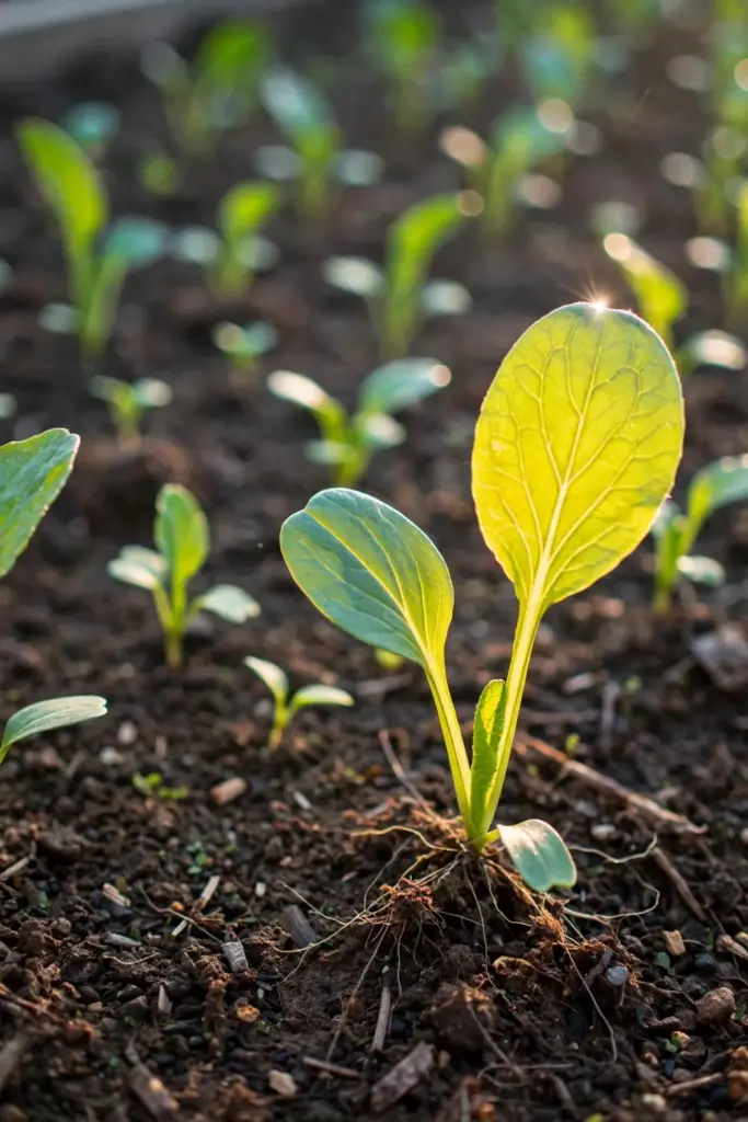 Komatsuna seedlings at baby-leaf stage in a garden bed